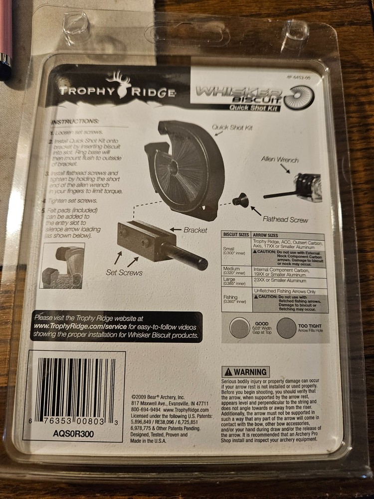 TROPHY RIDGE Whisker Biscuit Quick Shot REPLACEMENT Kit MEDIUM Right Hand