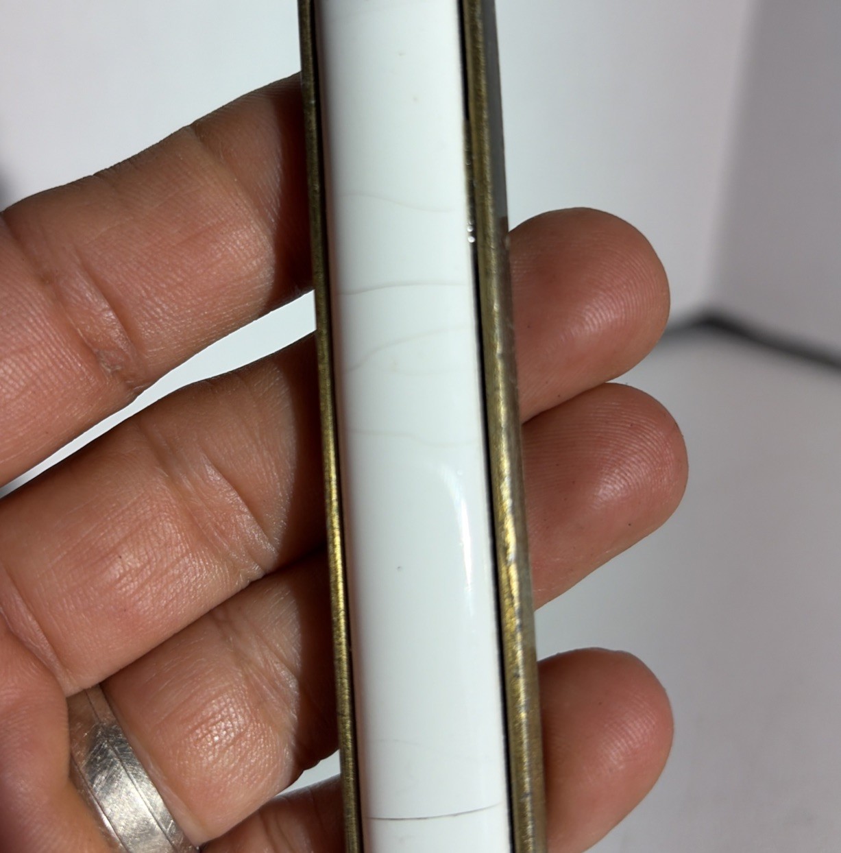 Vintage Single Mid Century Modern Gold Tone White Ceramic Drawer Pull Handle