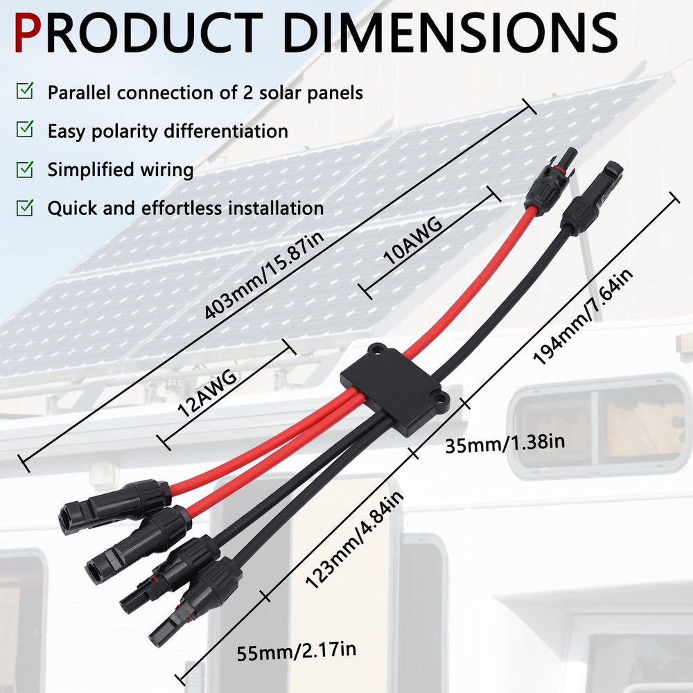 Solar Parallel Connectors for 2 Solar Panels Tool-Free MC4 Solar Cable Split...