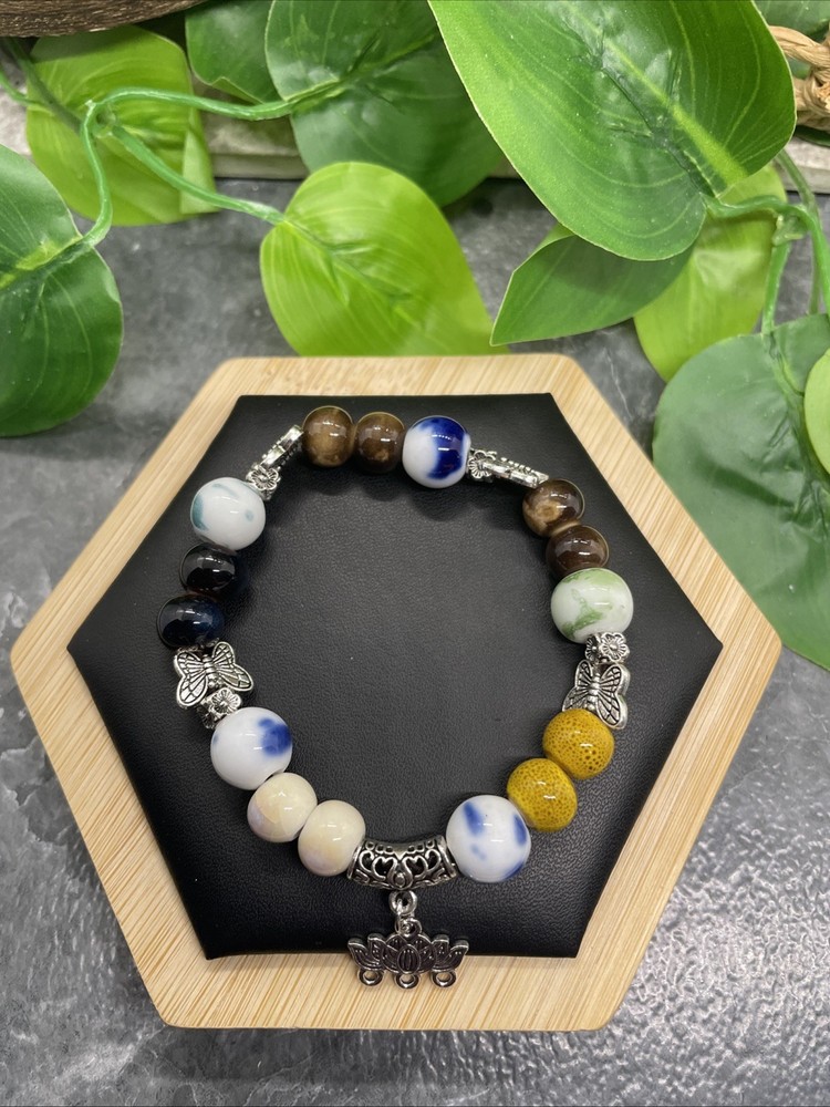 Handmade Ceramic Bead Beaded Stackable 6.25” Plus Stretch Bracelet New B222