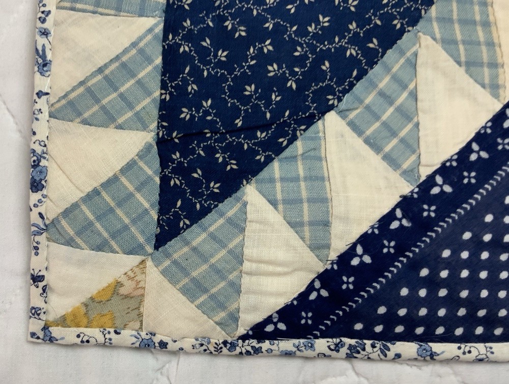 Antique Patchwork Quilt Table Topper, Triangles, Blue, Navy, Early Calicos