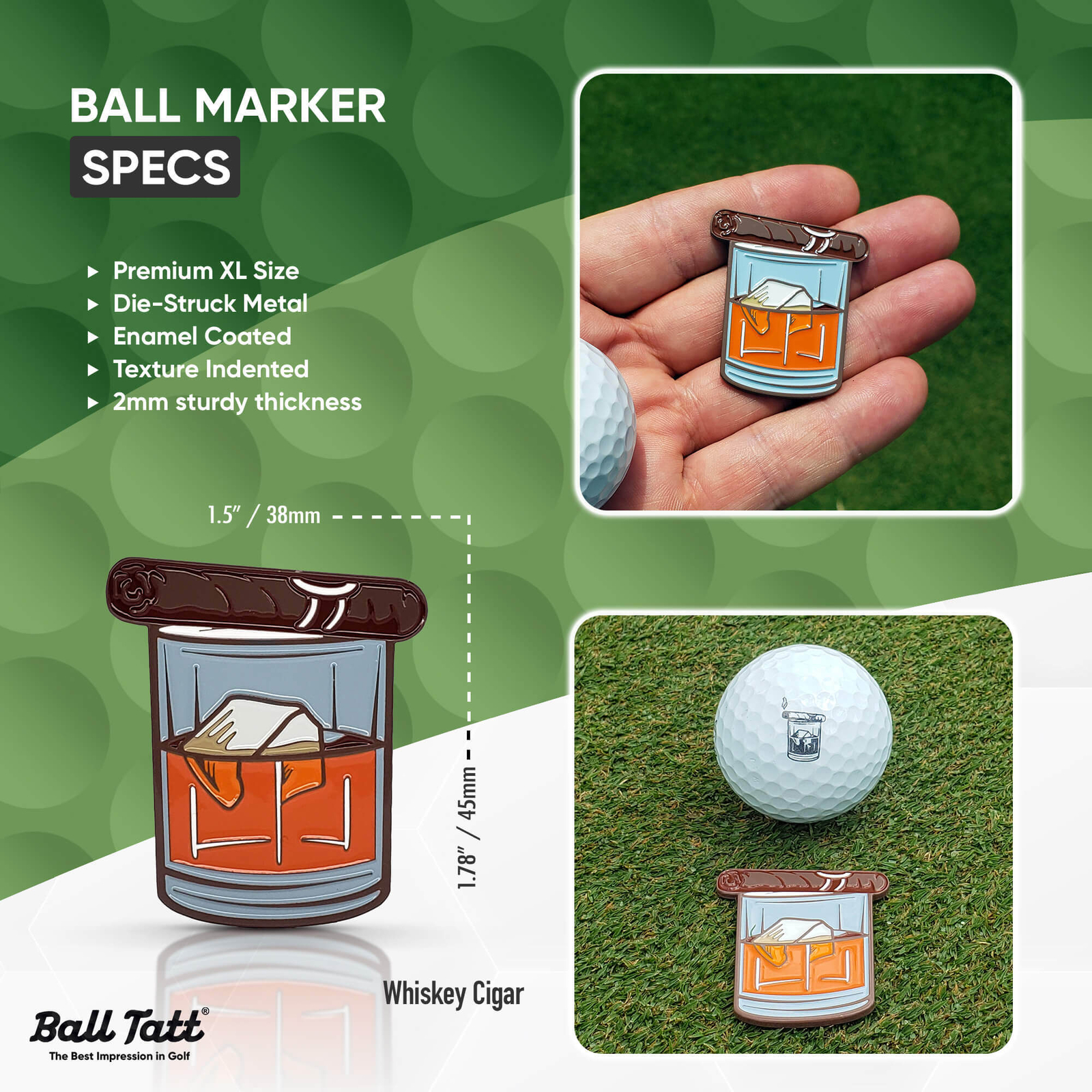 Ball Tatt - Whiskey Cigar Golf Ball Stamp Self-Inking with XL Metal Ball Marker