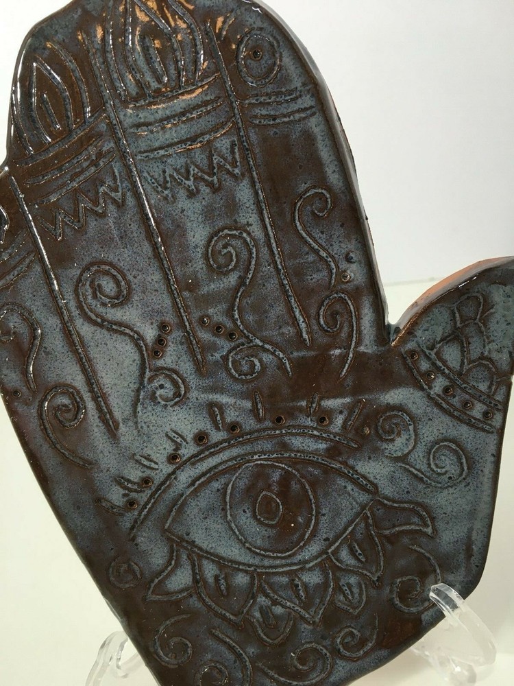 HAMSA HAND CARVED wall plaque Blue and Brown