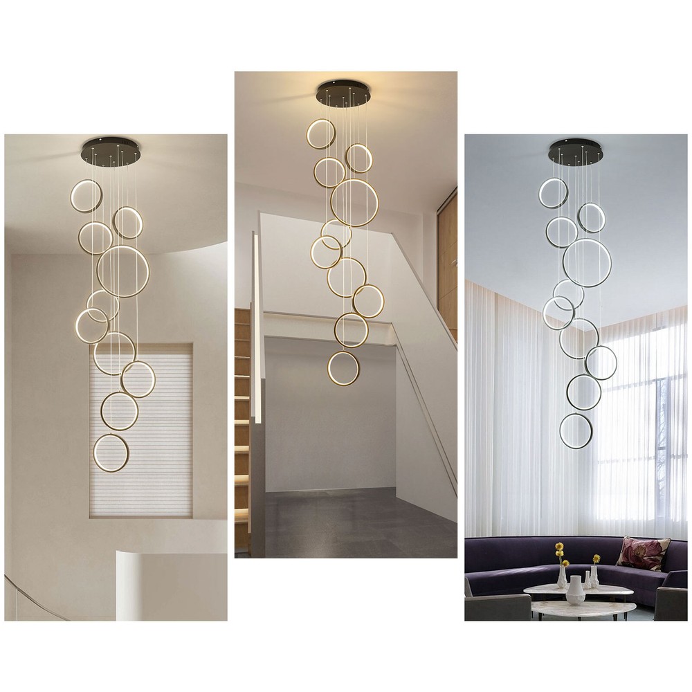 10 Rings Dimmable Black Pendant Light with Remote Control Adjustable Height New