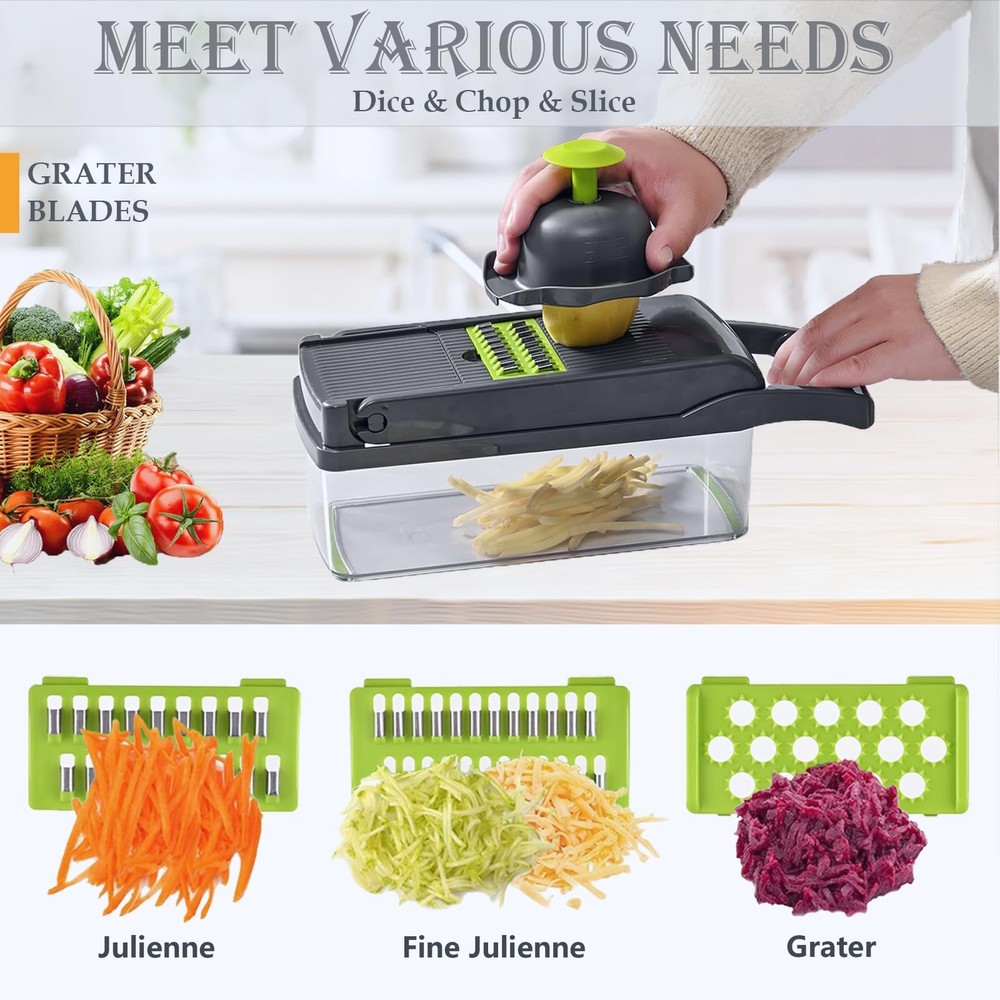 Vegetable Chopper Dicer with Container | Cheese Grater 8 Blades, Gray