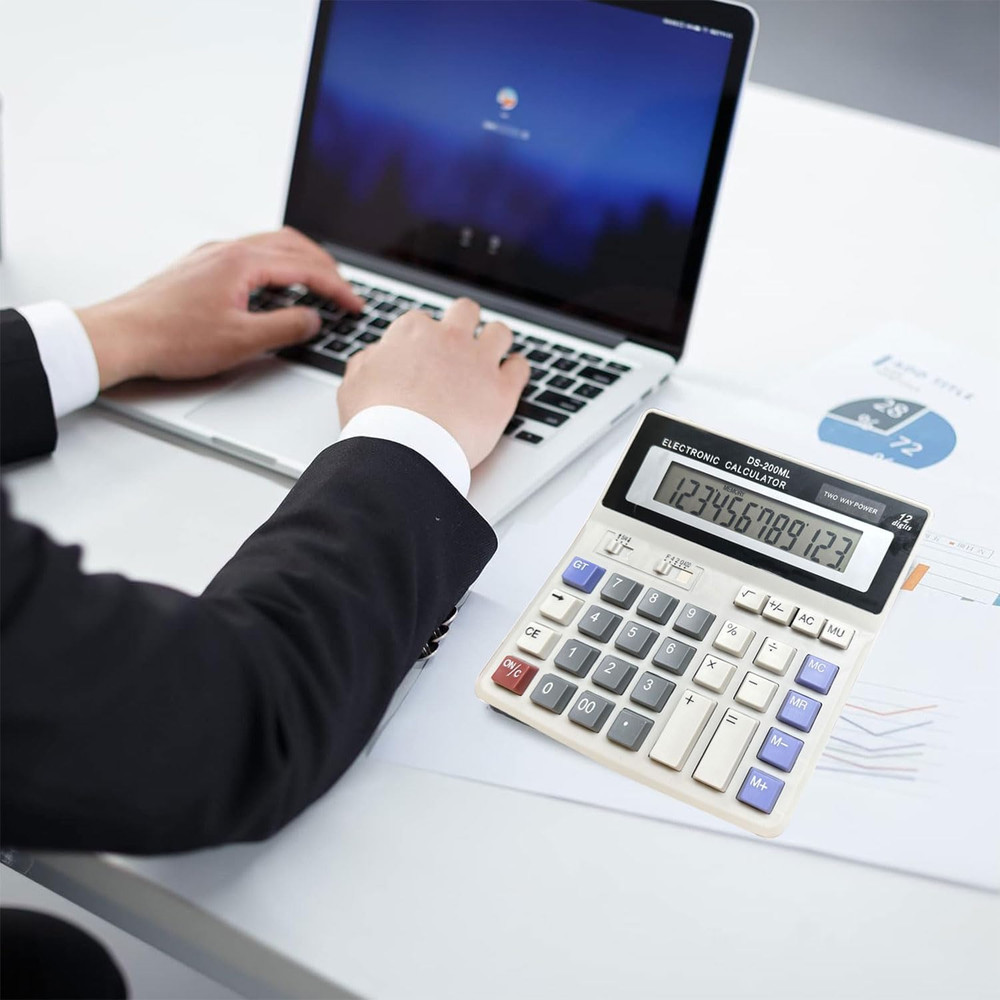 Desk Calculator Large 12 Digit Display, Dual Power Basic Calculator Desktop, Big