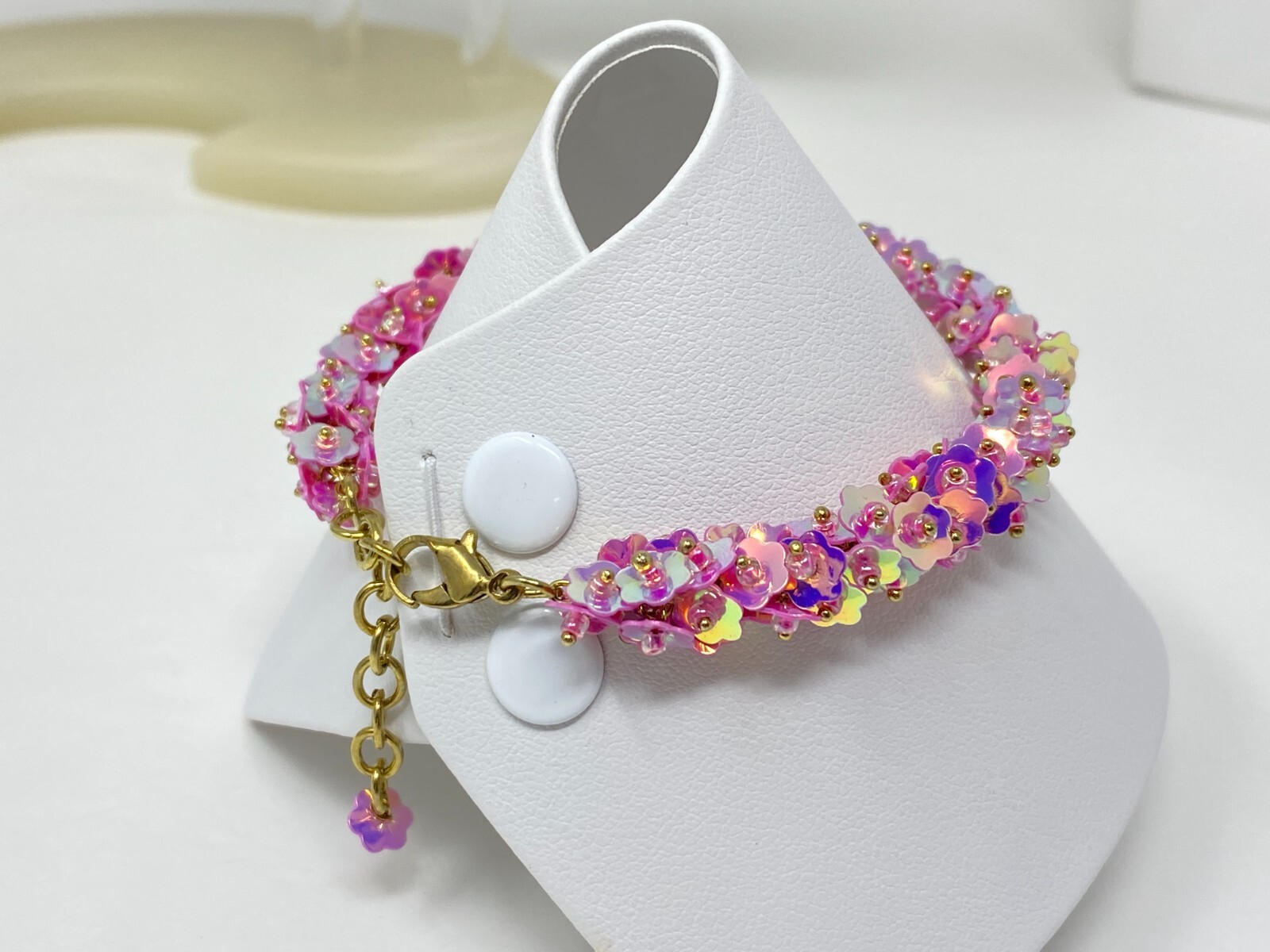 Handmade Pink Purple Iridescent Flower Sequin Bead Bracelet