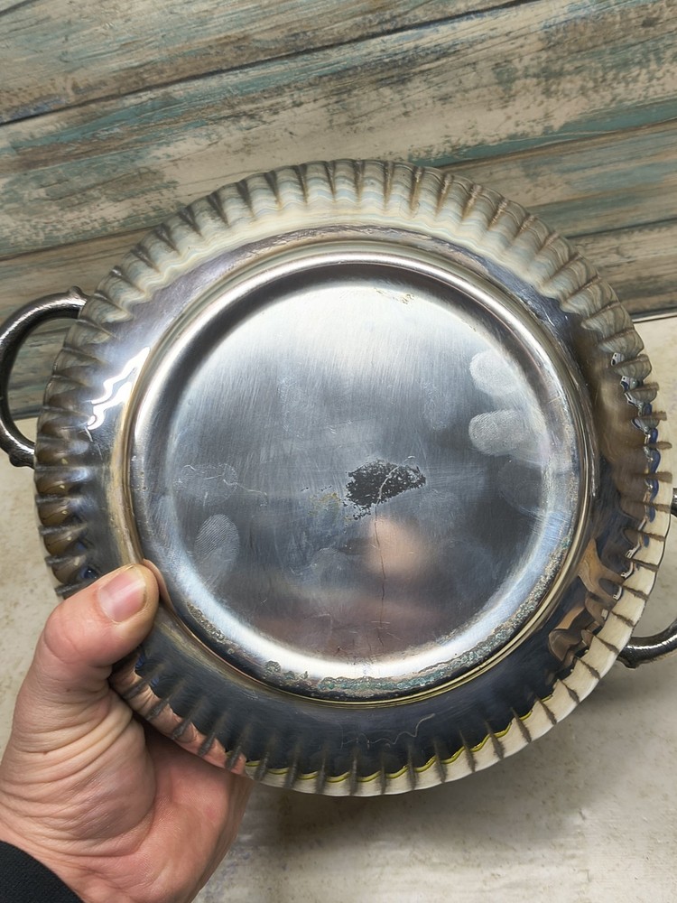 Silverplate round foote casserole dish with original Pyrex liner