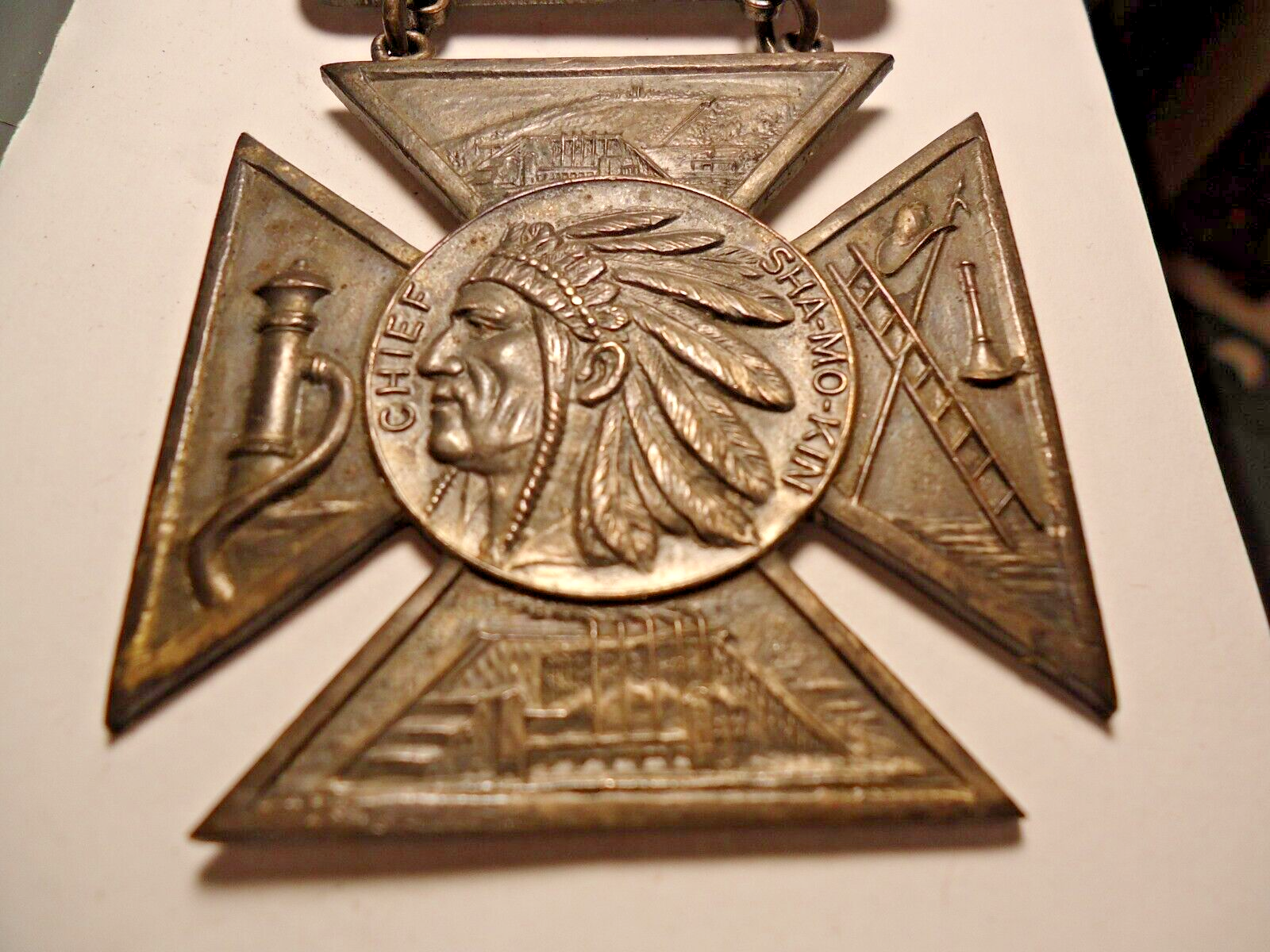 Antique LARGE Firemen's Convention Badge Medal SHAMOKIN PA 1908 Indian Chief