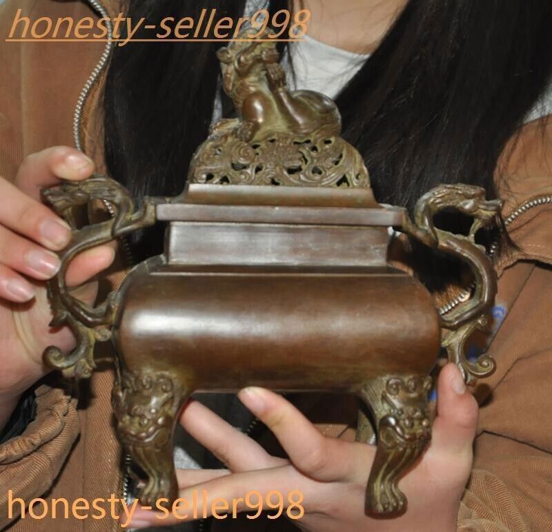 8.6" Ancient Chinese Pure bronze dragon loong beast statue Incense burner censer