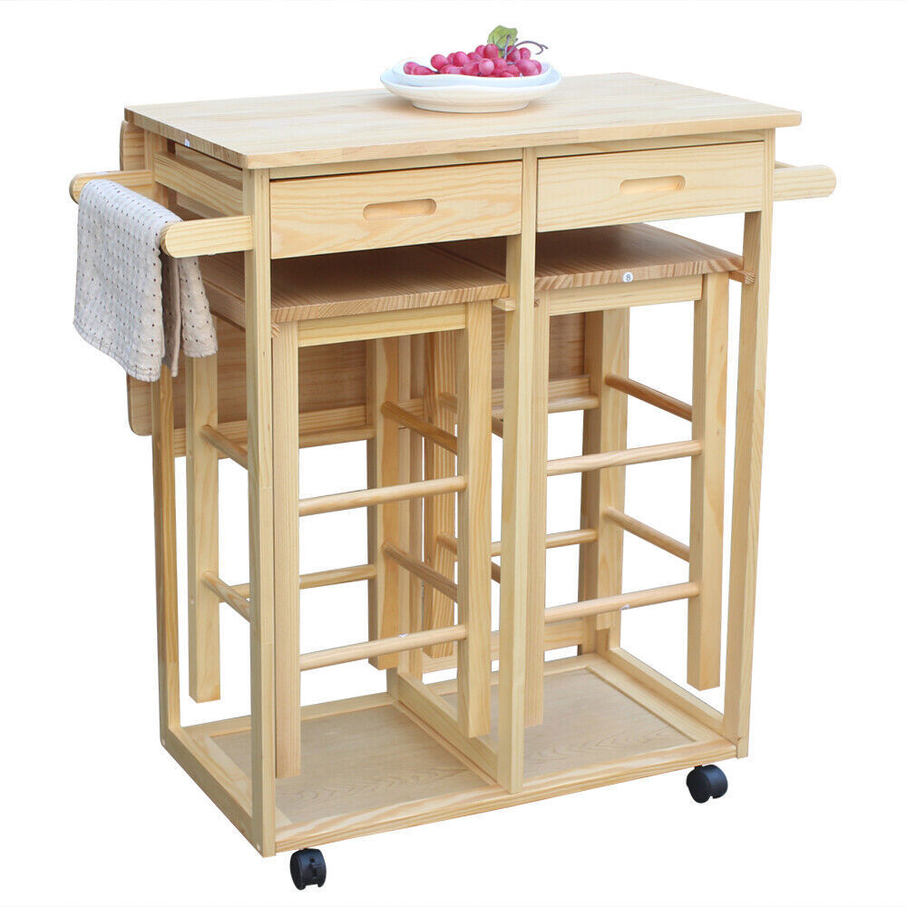 Kitchen Square Solid Wood Folding Rolling Dining Cart with 2 Free Stools Natural