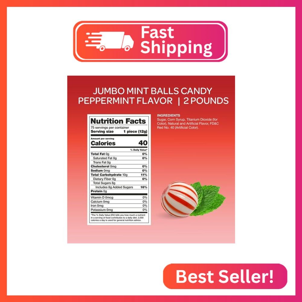 Jumbo Mint Balls - 2 Pound Bulk Pack - Peppermint Candy Individually Wrapped - C
