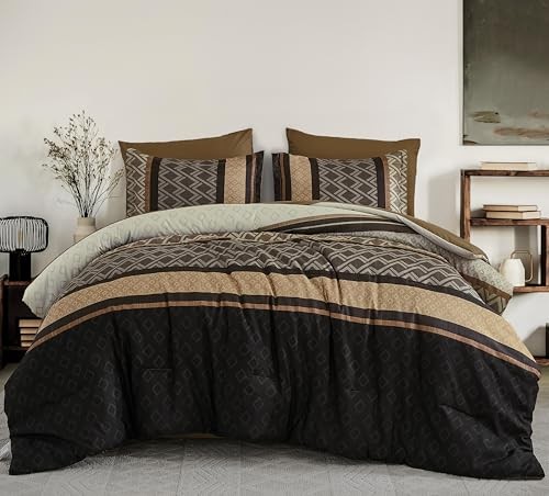 Comforter Set Size,Boho Striped Bed in a Bag,7 Piece Plaid Queen Brown