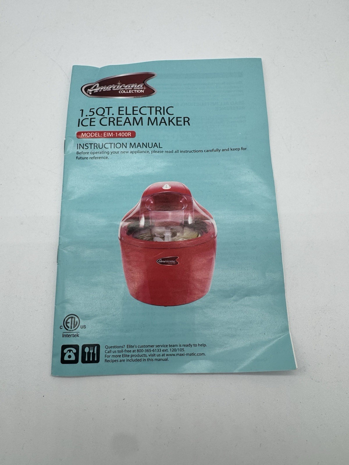 Americana Collection 1.5QT. Capacity Ice Cream Maker EIM-1400R Red w/ Manual
