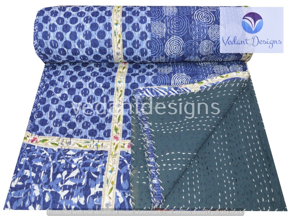 Indian Handmade Patchwork Kantha Quilt Reversible Bedspread Single Cotton