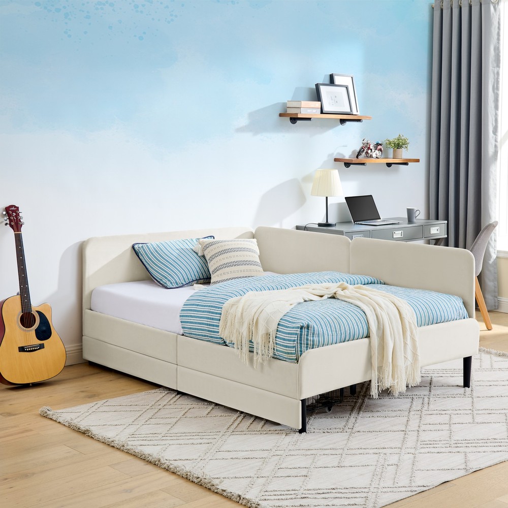Full Size Upholstered Platform Bed Frame with 2 Storage Drawers, Adjustable Vel