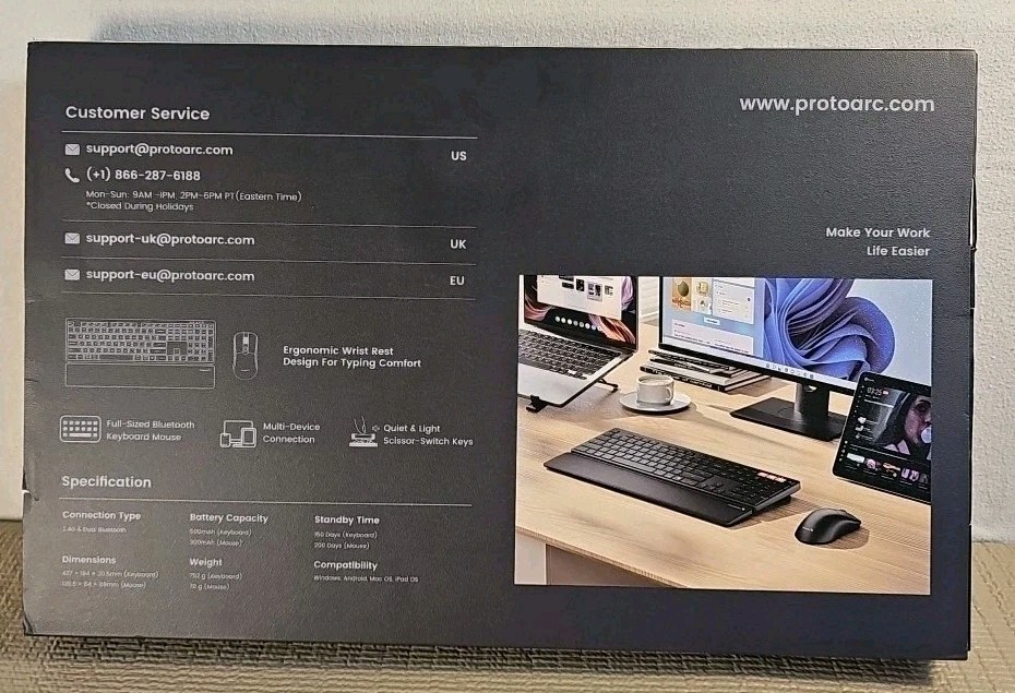 ProtoArc Wireless Keyboard and Mouse, KM60 Full-Size Bluetooth Keyboard Mouse