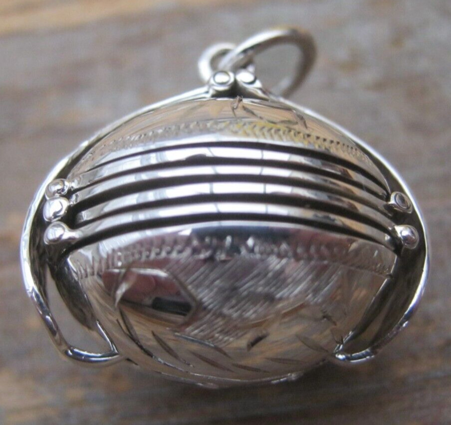 Pretty English HM Sterling Silver Engraved Folding Photo Ball Locket Pendant Fob