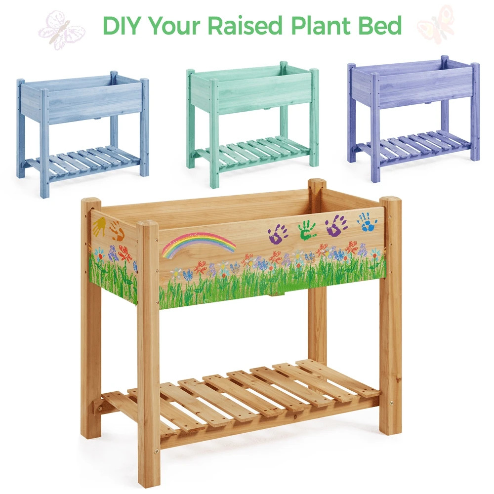 Raised Rectangle Planter Box 34×18×29.5" with Bottom Shelf Light Brown