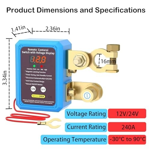240A 12V Remote Battery Disconnect Switch Kill Switch with LED Voltage BLUE