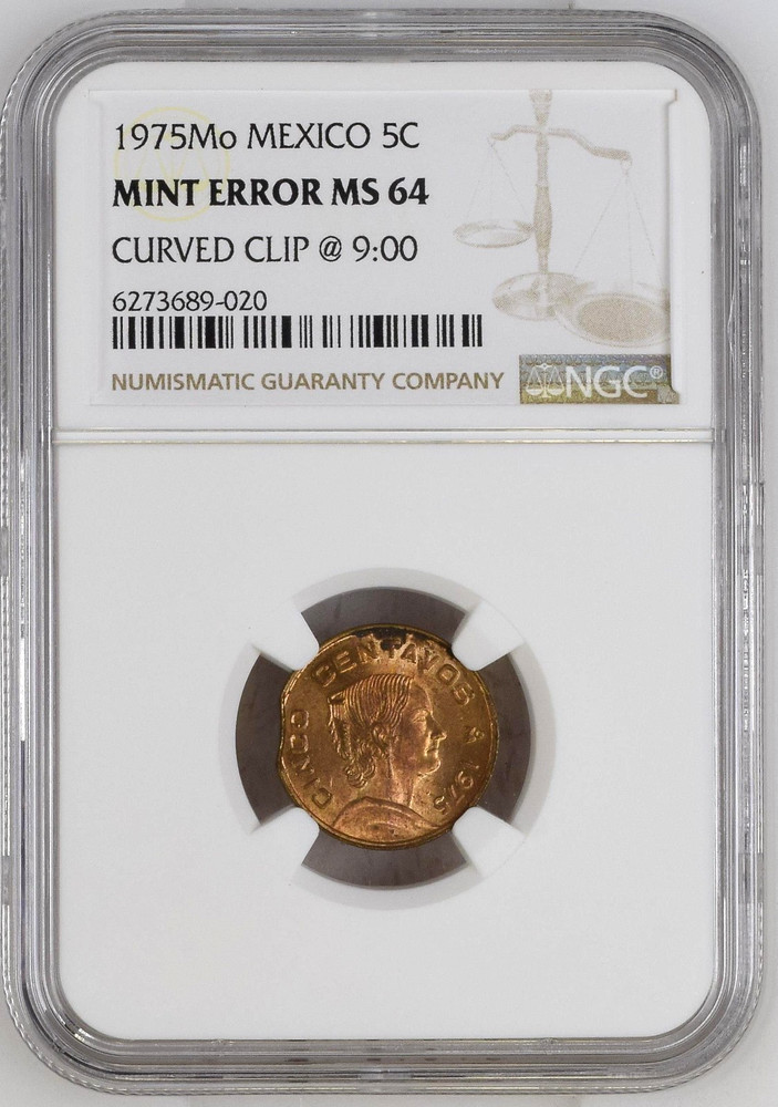 1975-Mo Mexico 5 Centavos Curved Clip Mint Error NGC MS64