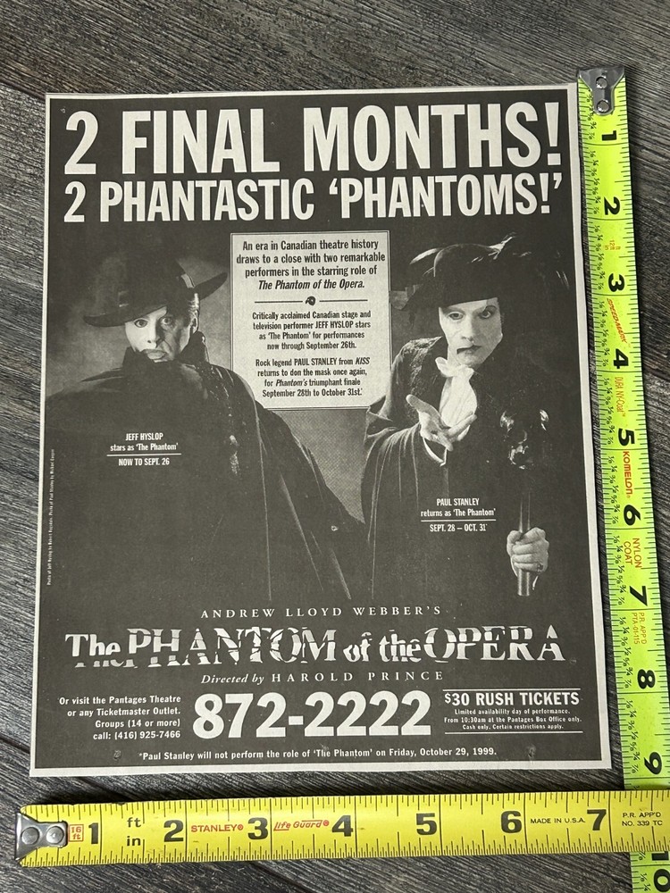 KISS Ad Advert PAUL STANLEY Phantom Of The Opera 2 FinalMonths 1999 Vintage Kiss