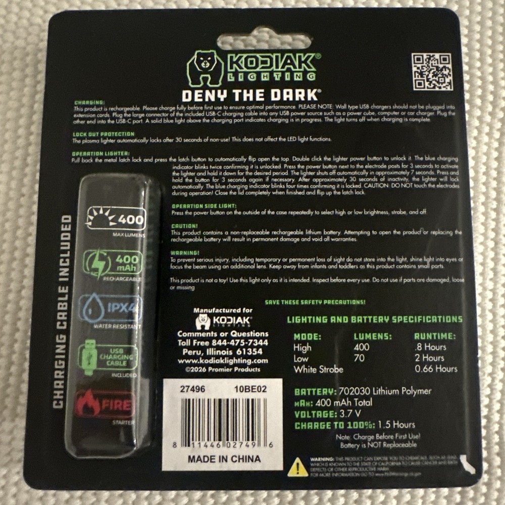 🔥✔️🔥 Kodiak Mini Rechargeable Plasma Lighter, LED Task Flashlight, Bright NIP