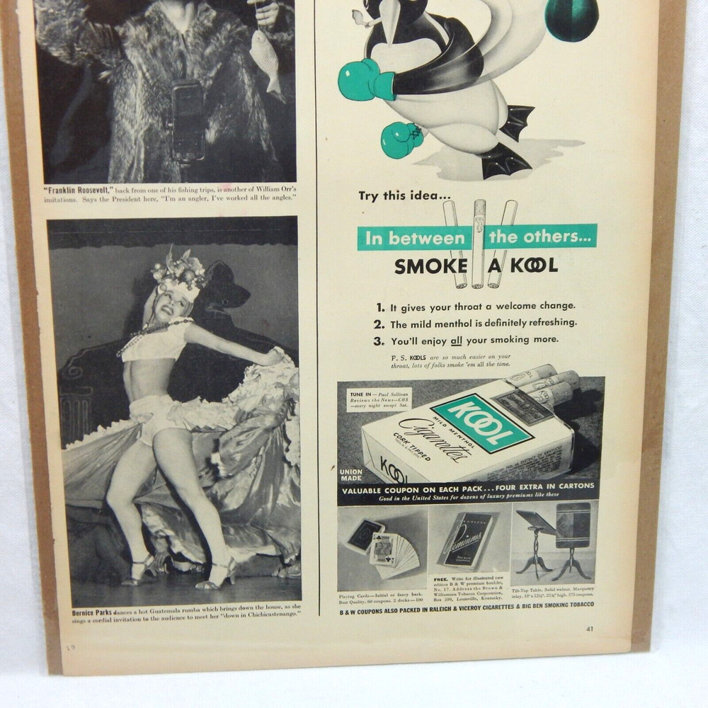 KOOL CIGARETTE BROWN & WILLIAMSON CORP. 1940 ADVERTISEMENT