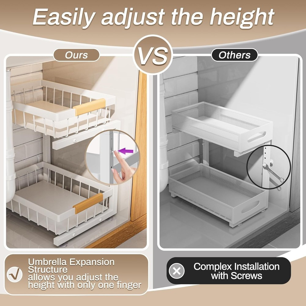 Space-Saving Under Sink Organizer with Adjustable Drawers for Kitchen & Bathroom