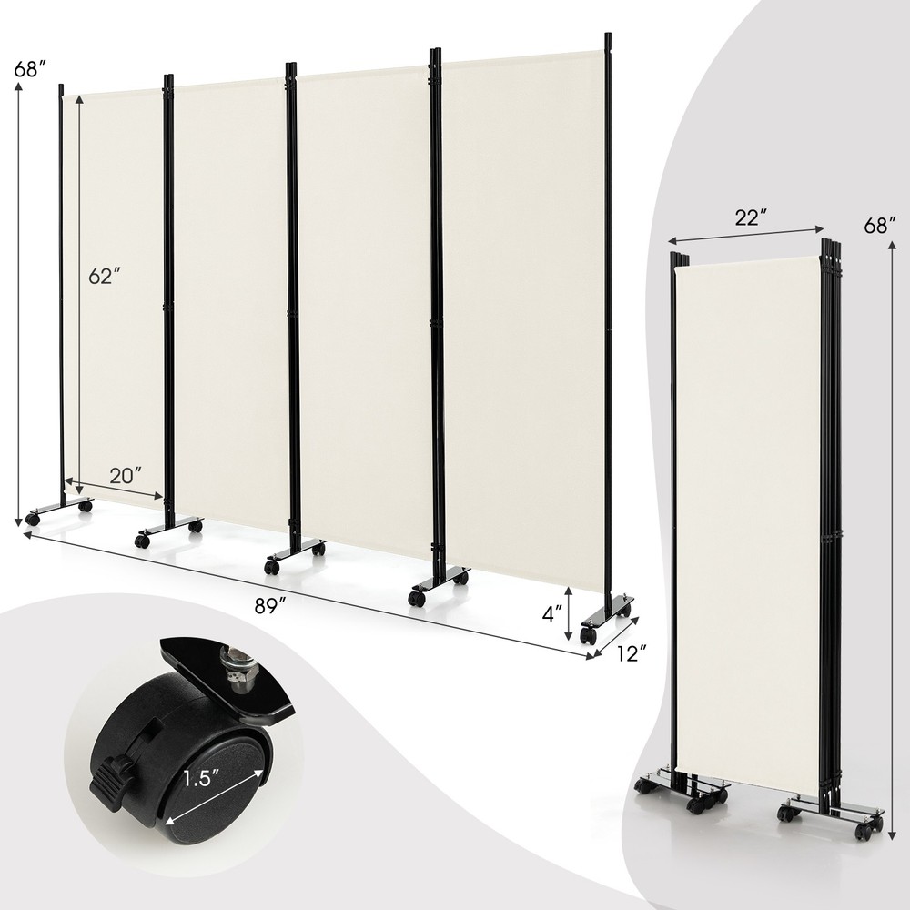 4-Panel Folding Room Divider 6' Rolling Privacy Screen w/ Lockable Wheels White