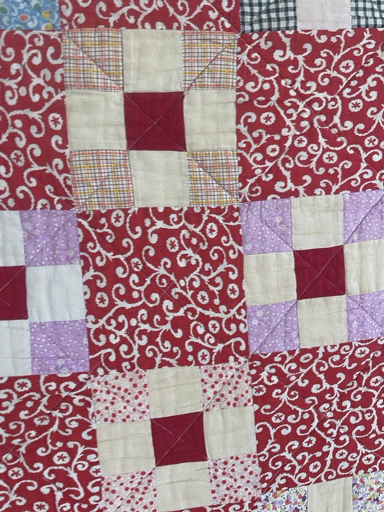 Vintage Red Calico Feedsack Patchwork Quilt Blanket Nine Patch 1900s Beautiful