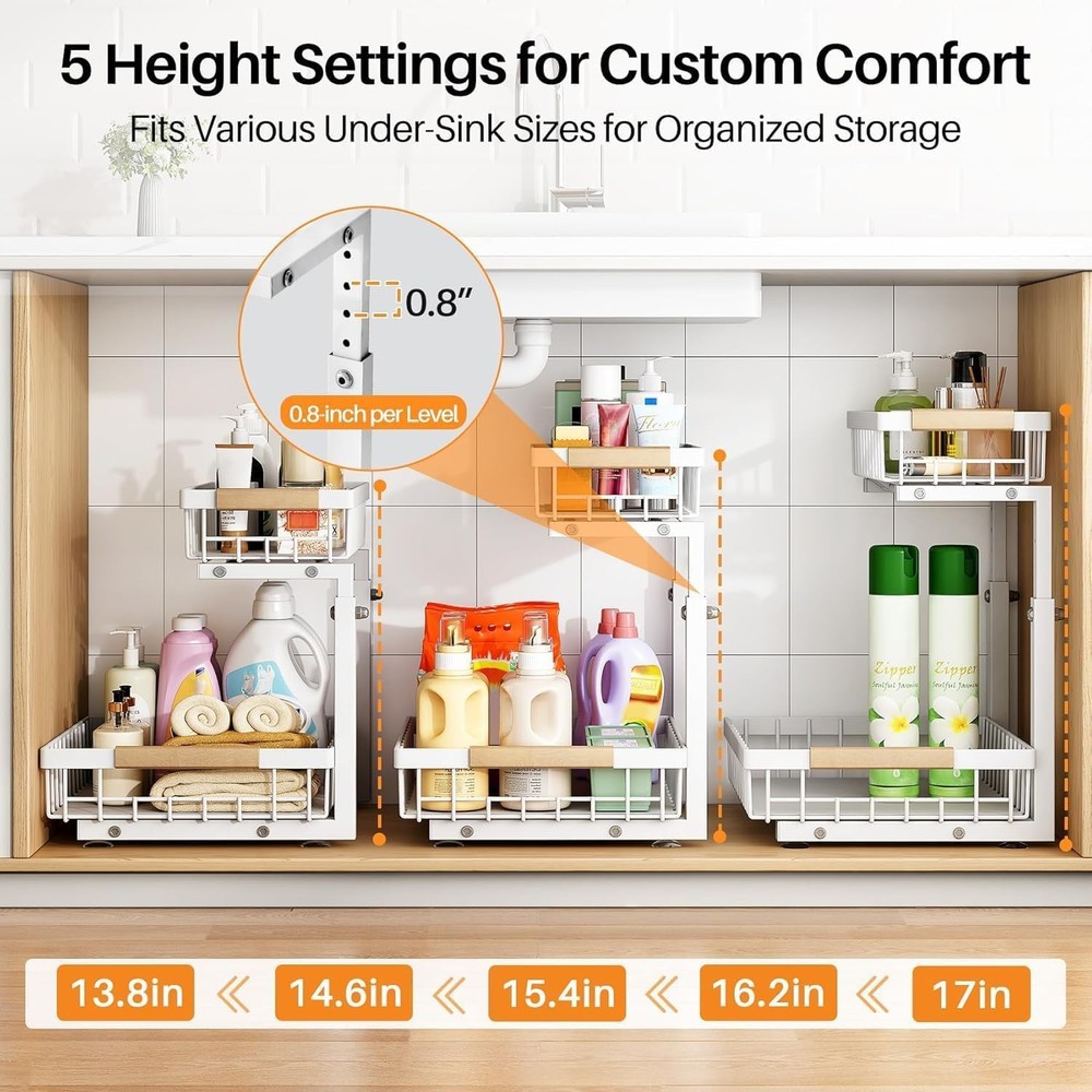 Under Sink Organizer, Adjustable Height, 2 Tier Pull Out Under Cabinet Organi...