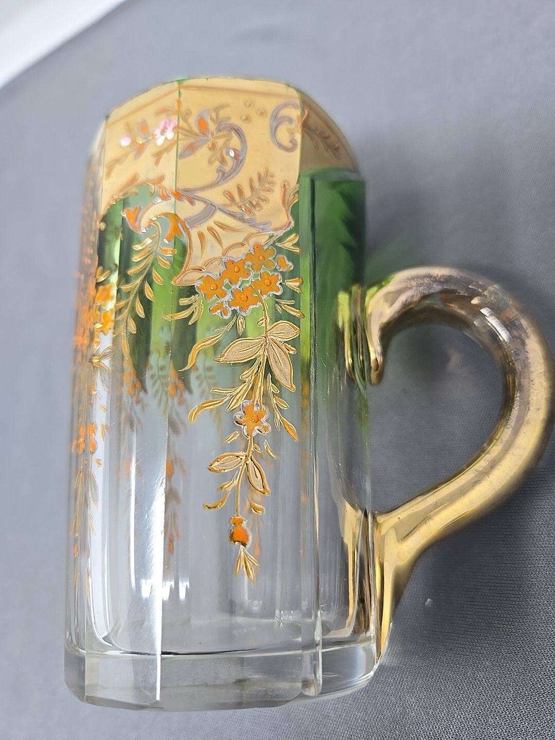 Moser Gilt Clear to Green Glass Handled Cup Enameled 19th Century
