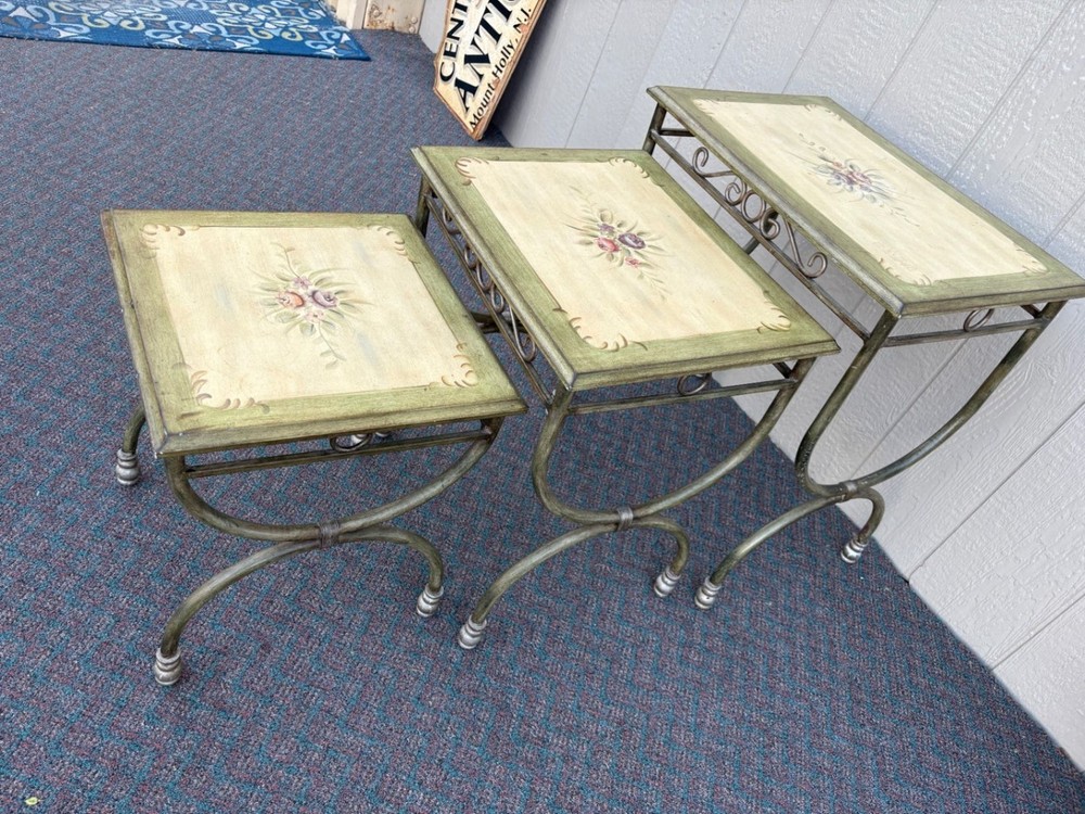 67614 Vintage Hand-Painted Stacking Nesting Tables with Metal Frames
