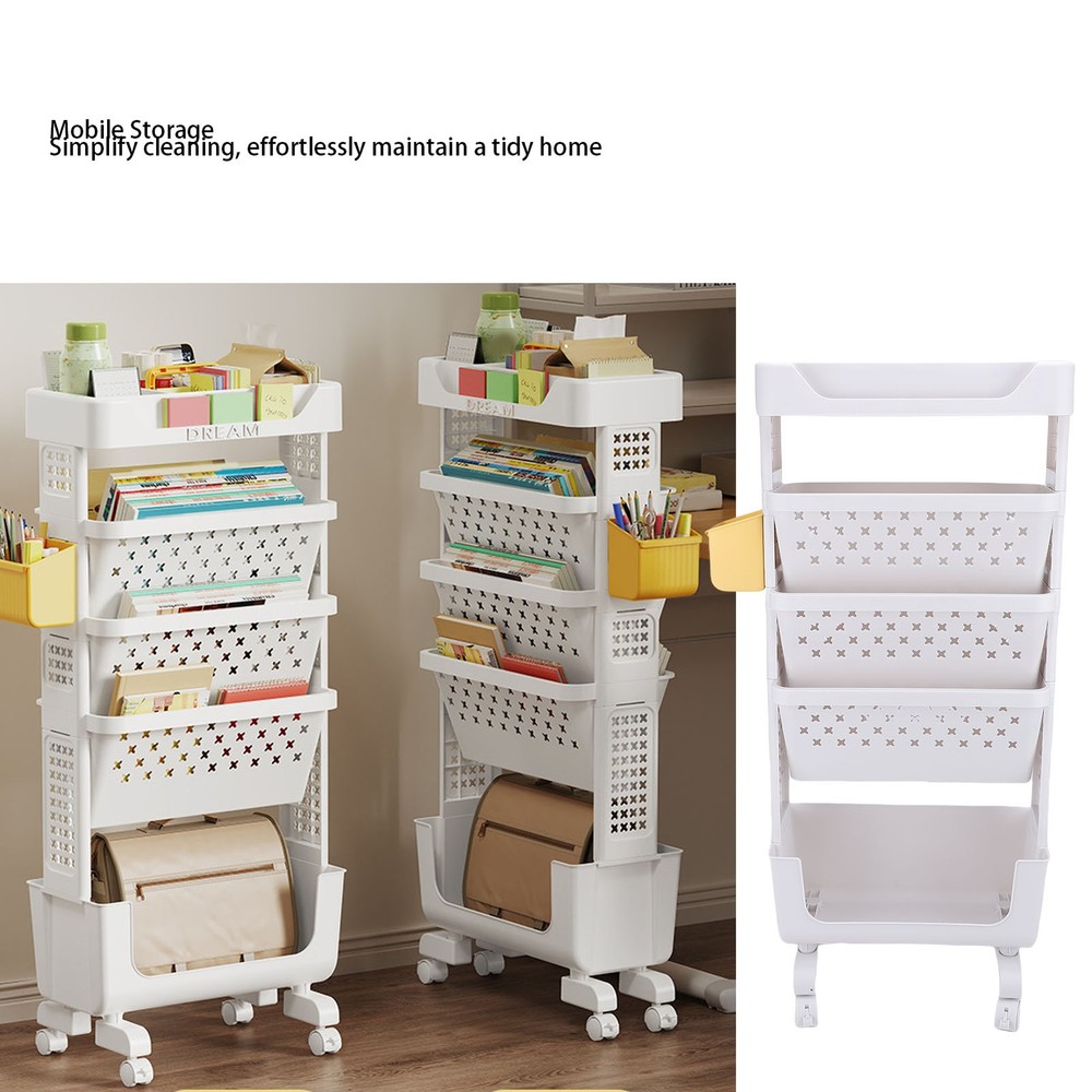 Rolling Book Cart 5 Tier PP Multi-Functional Movable Storage Book Rack Utility