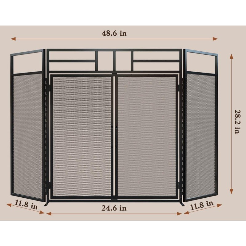 Panel Folding Fireplace Screen with Magnetic Hinged Doors, Solid Wrought Iron