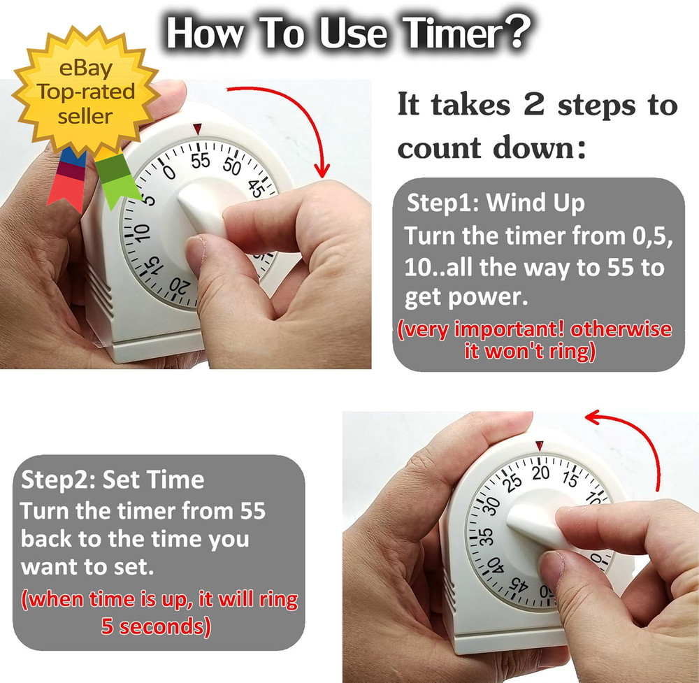 60 Minute Wind up Timer Visual Mechanical Timer with Loud Alarm Manual Countdow