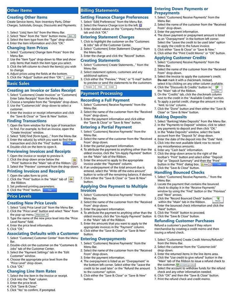 QuickBooks Pro 2022 Training Guide Quick Reference Card 4 Page Cheat Sheet