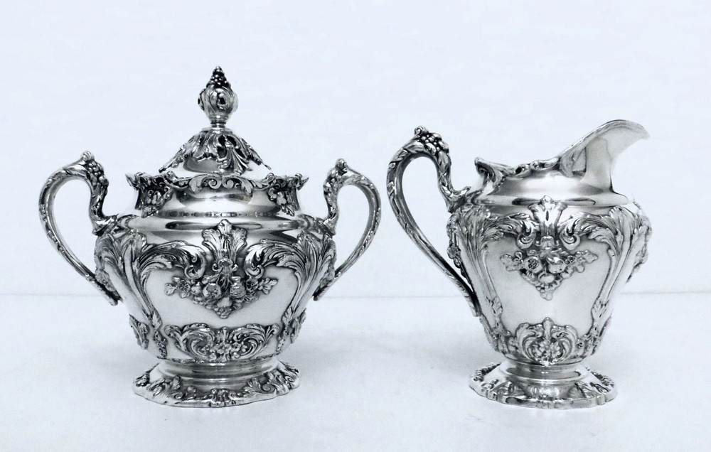 1951 REED & BARTON RENAISSANCE MIDCENTURY ROCOCO LIDDED SUGAR BOWL & CREAMER SET
