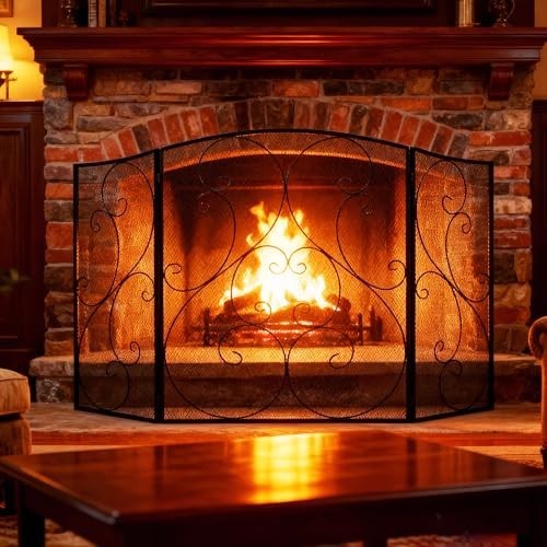 3-Panel Fireplace Screen, Foldable Wrought Iron Spark Guard, 30.7" Safety Gate,