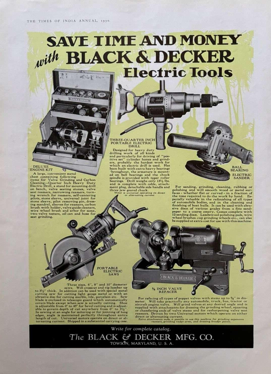 1930 Black & Decker Tools Drill Sander Refacer Saws Towson Md Rare VTG Print Ad