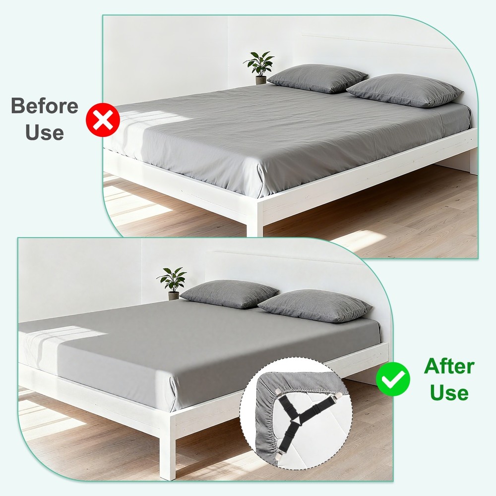 4Pcs Bed Sheet Holder Straps Elastic Adjustable Black Buckle, White