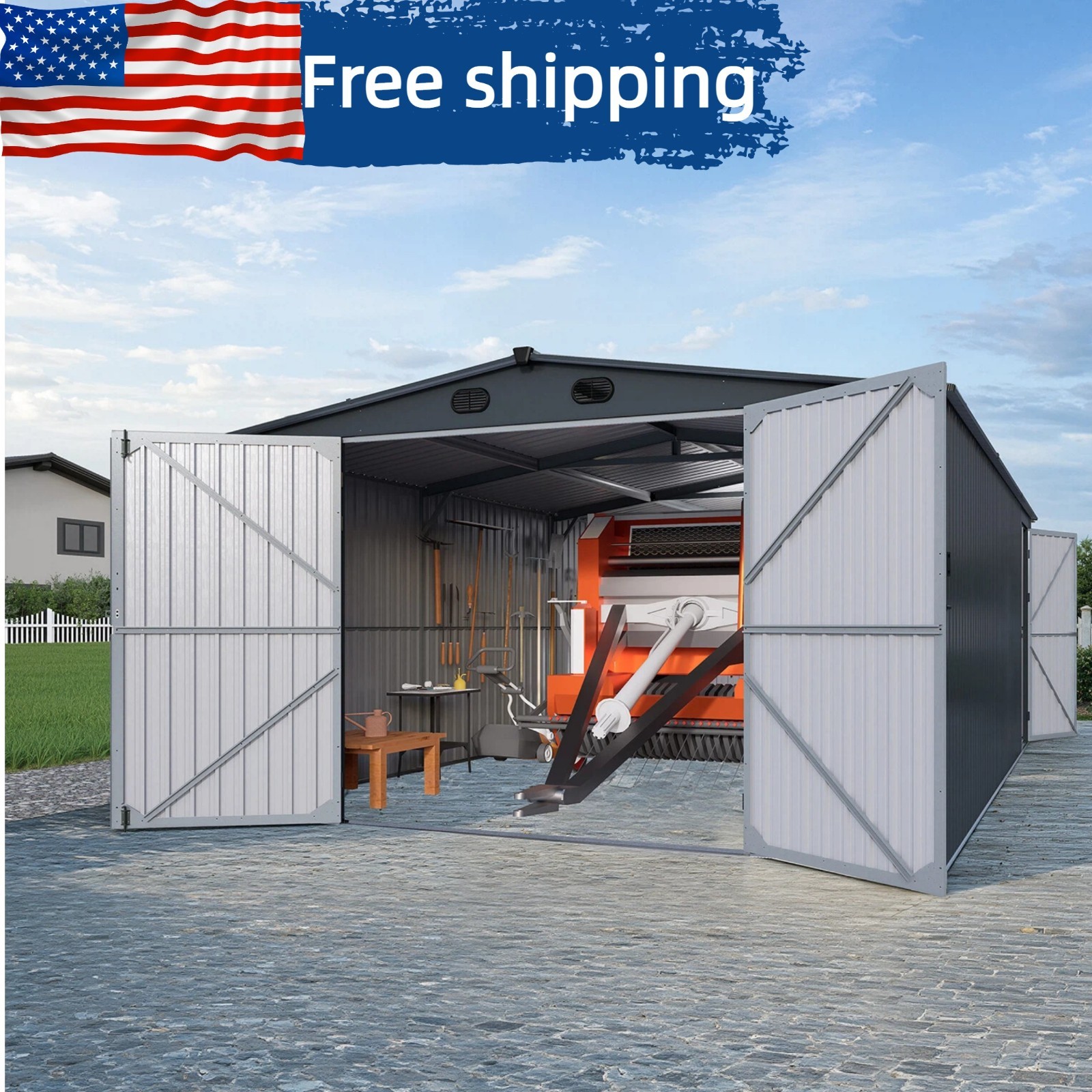 13x20ft Heavy Duty Galvanized Steel Garage Shed, Protective Film, Car Storage