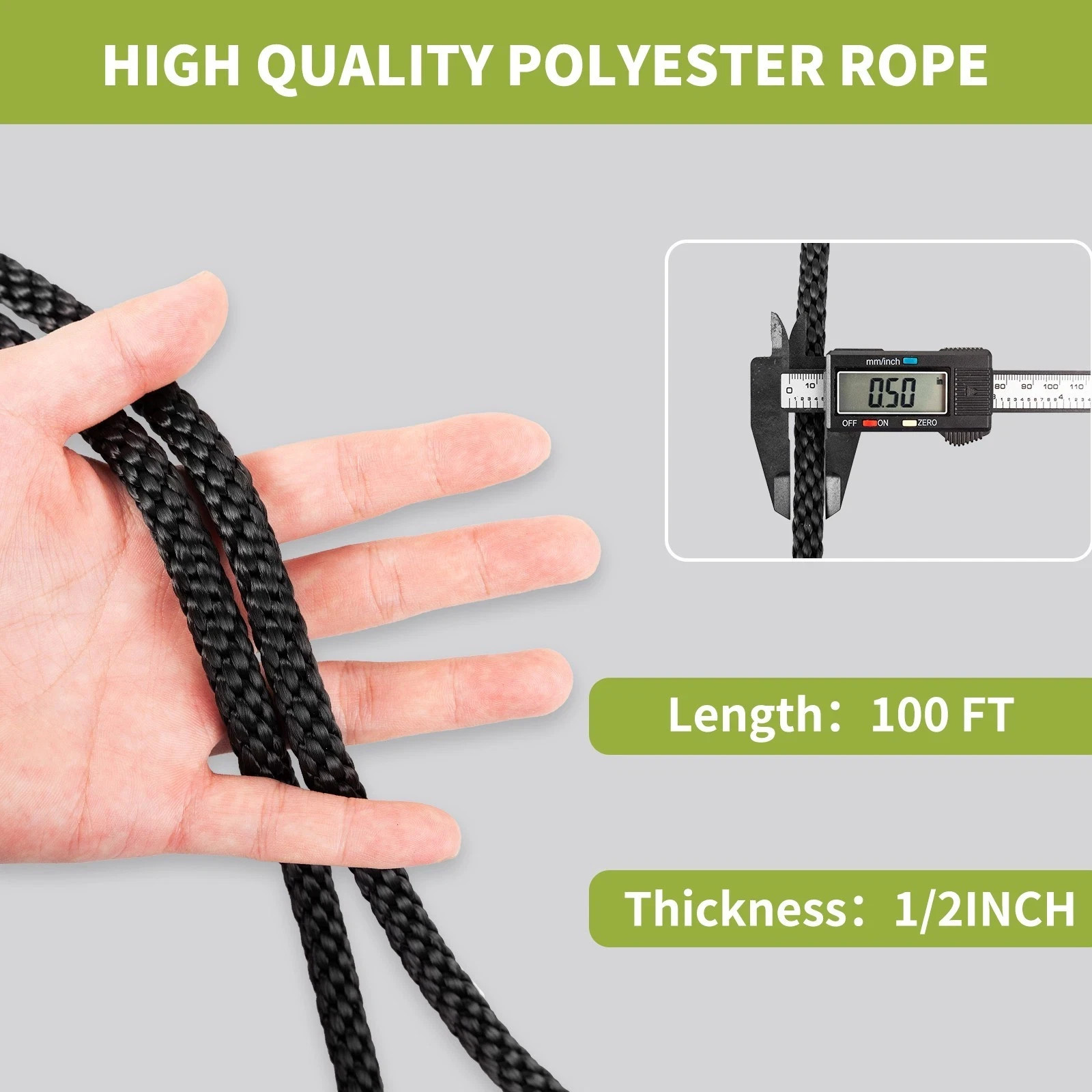 1/2 INCH 100 FT Black Polyester Solid Braid Rope-UV Resistant&Wearproof