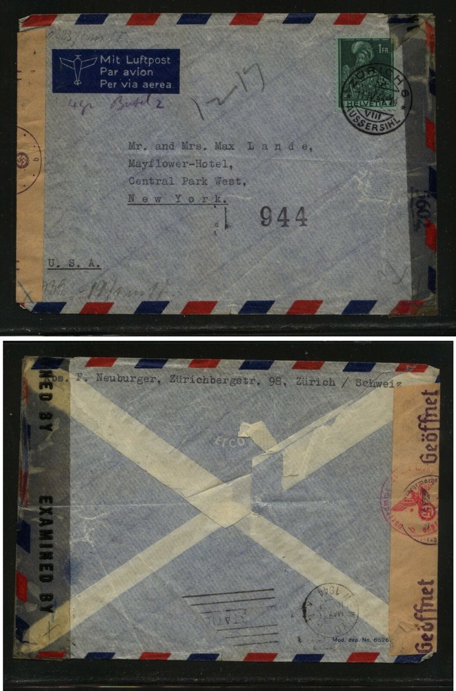 Switzerland  double censor cover  to  US  1944         MS0803