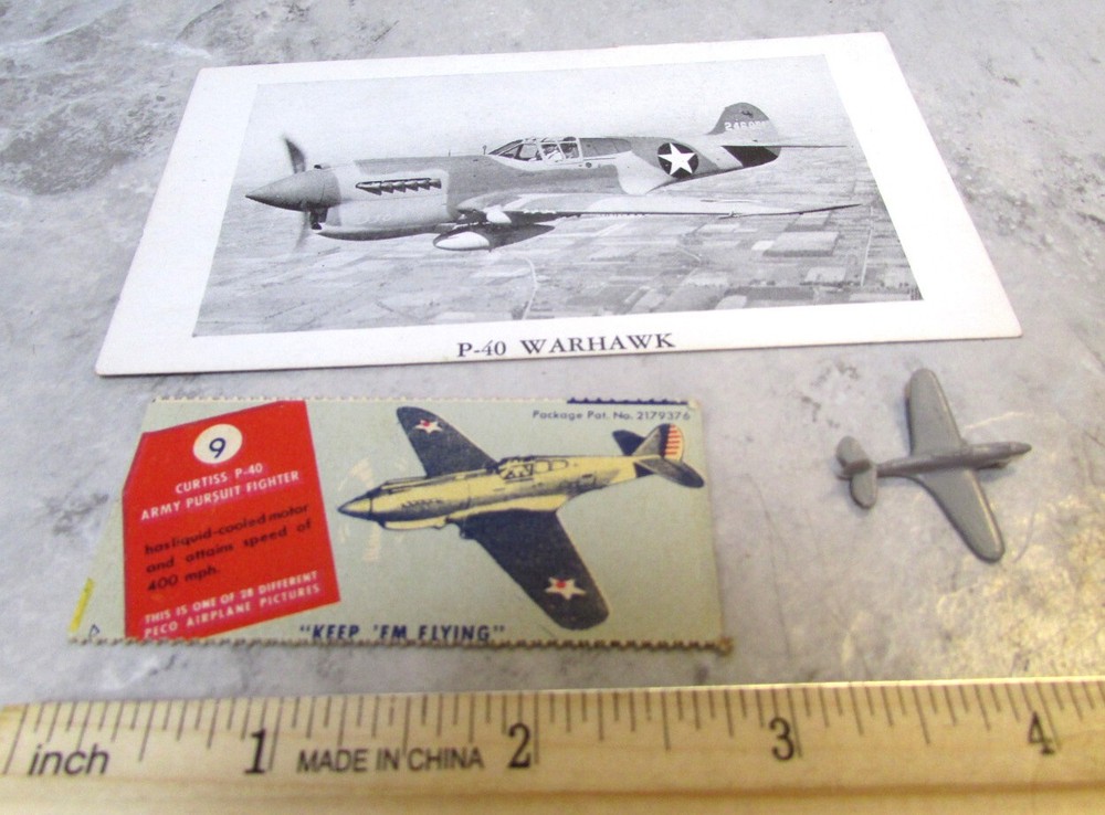vintage WWII plane recognition plastic plane, ID Card & Peco #9, P-40 Warhawk