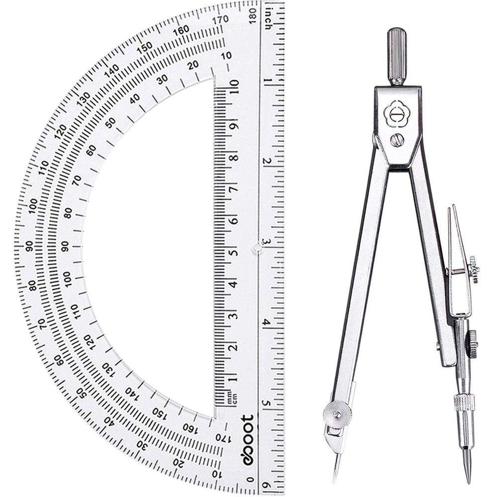 Geometry Math Set - Drawing Compass & 6 Inch Protractor for Students, Precision