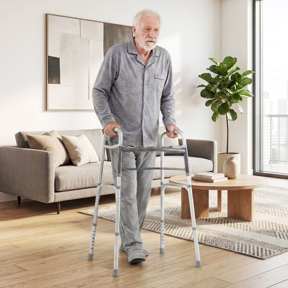 2-Button Folding Walker, 7-Level Adjustable Height, Lightweight Aluminum