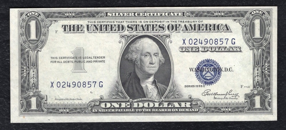 1935-E $1 SILVER CERTIFICATE “TREASURER SIGNATURE ON BACK ERROR” UNCIRCULATED