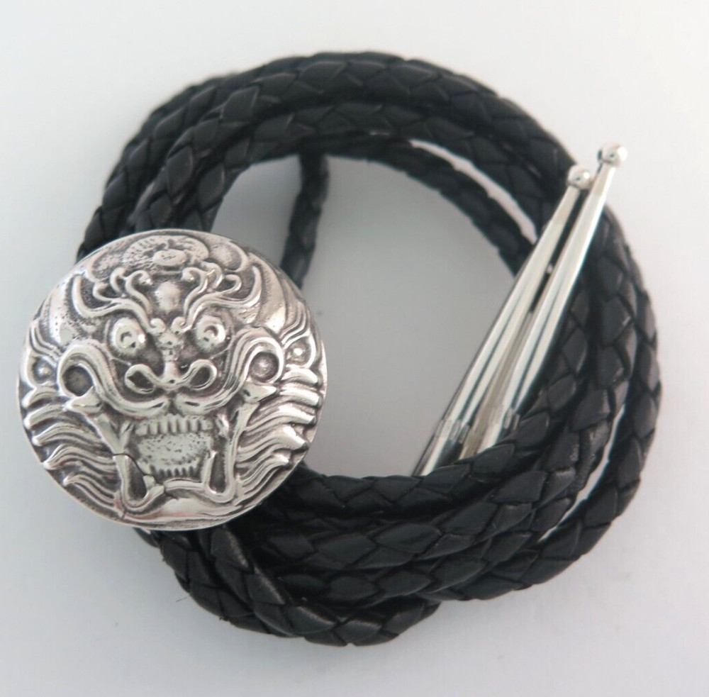 Unique Round Solid Sterling Silver Relief DRAGON Southwestern Bolo Tie